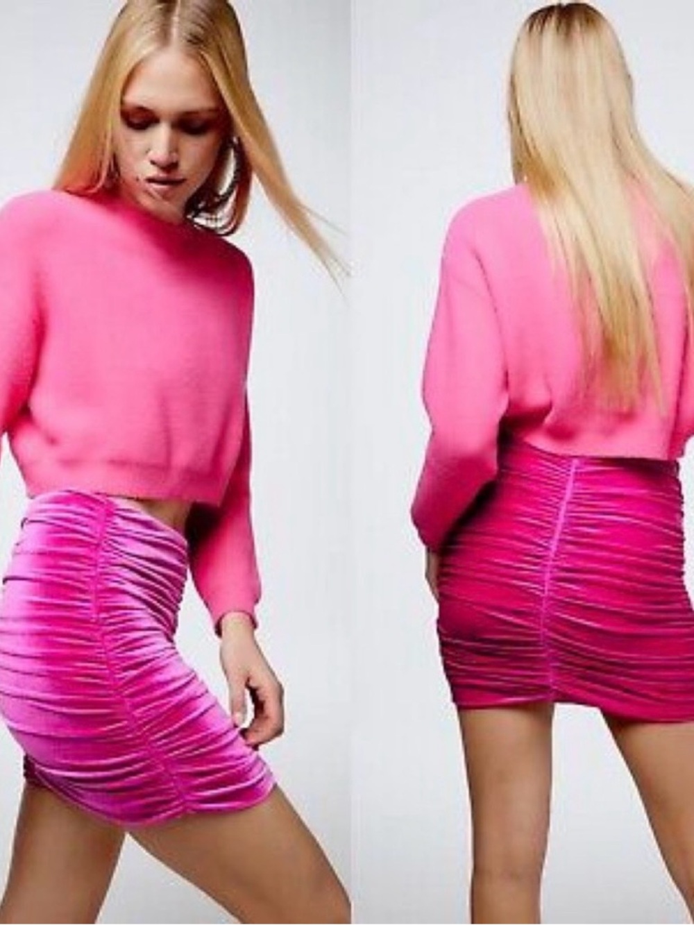 Zara Hot Pink Velvet Ruched Mini Skirt
